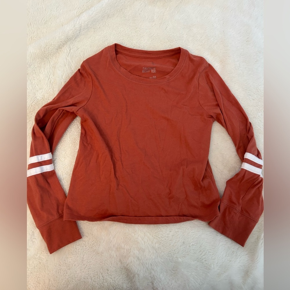 Size 7 GIRLS “FAVORITE BOXY TEE” Shirt Striped Long Sleeved Crop Top B3